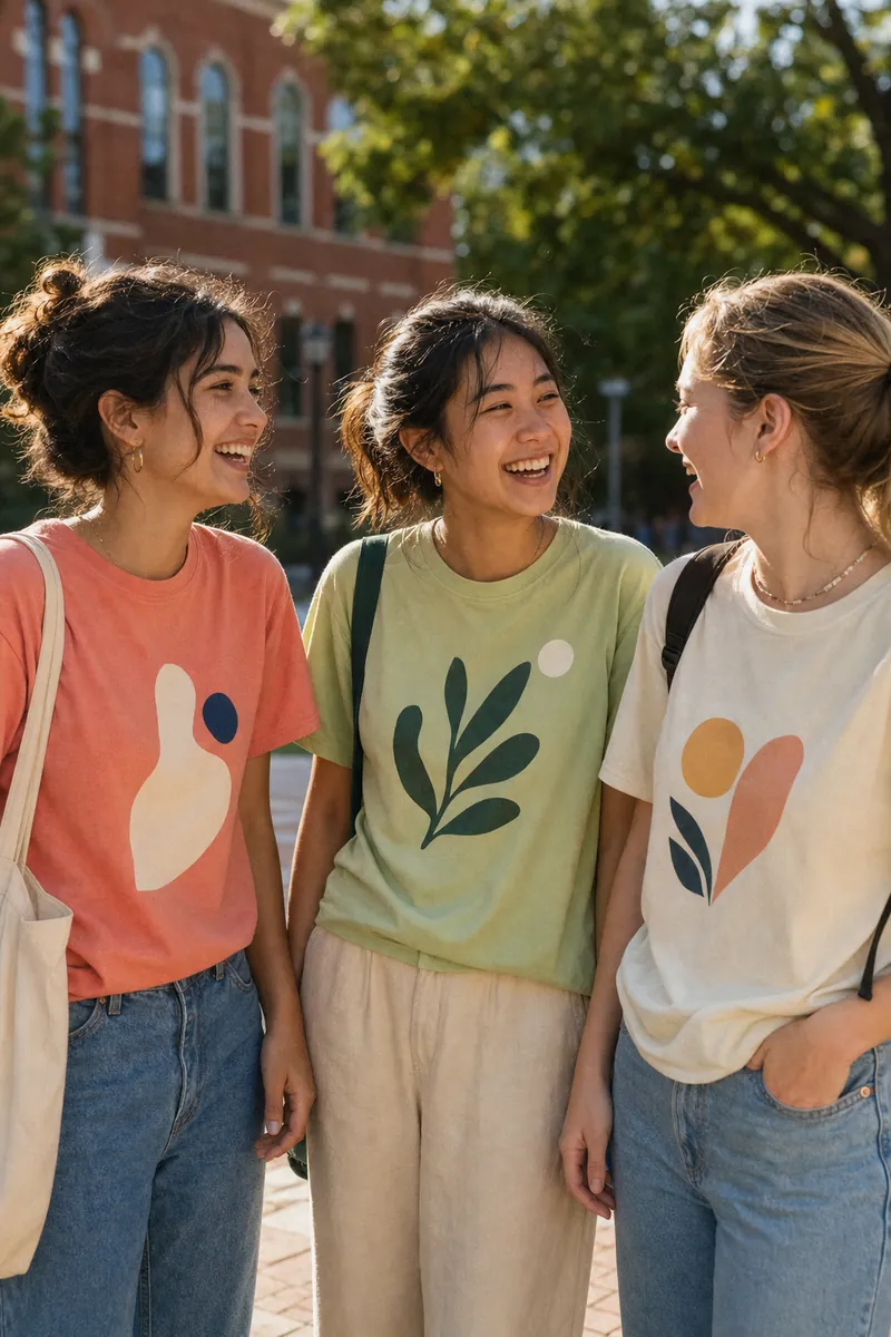 Three students laughing together on campus in custom-printed tees