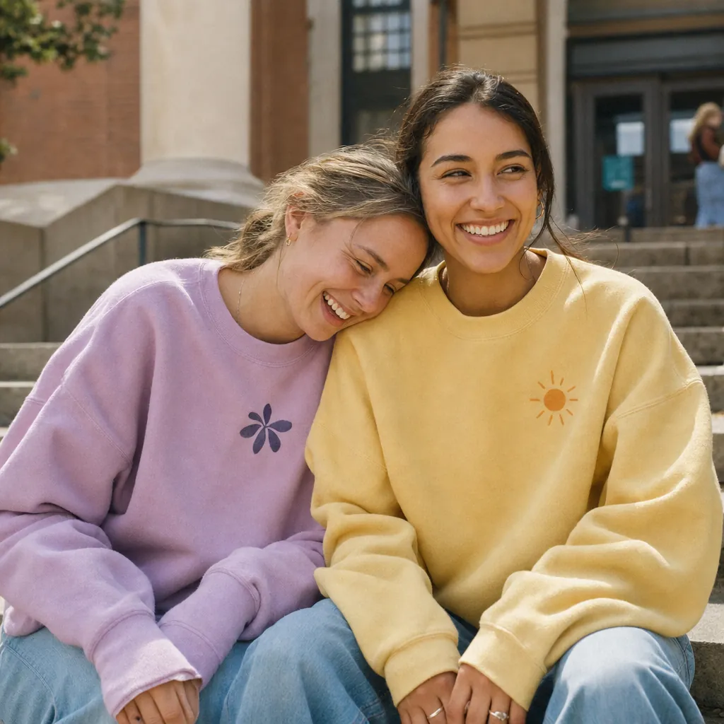 Two students sitting on campus steps in custom crewneck sweatshirts